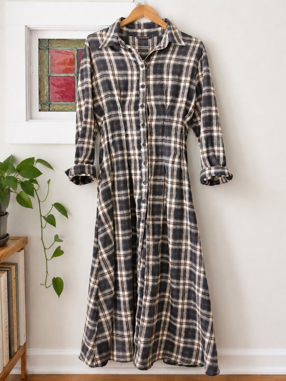 Plaid Button Front Midi Shirt Dress
